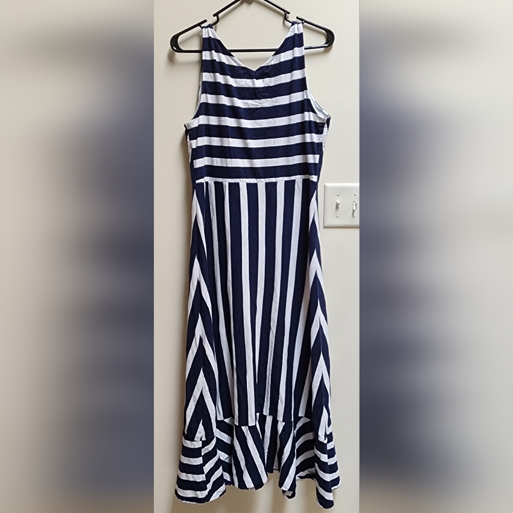 CHAPS Navy Blue & White Nautical Striped Maxi Dress Women's Size L - Picture 2 of 6